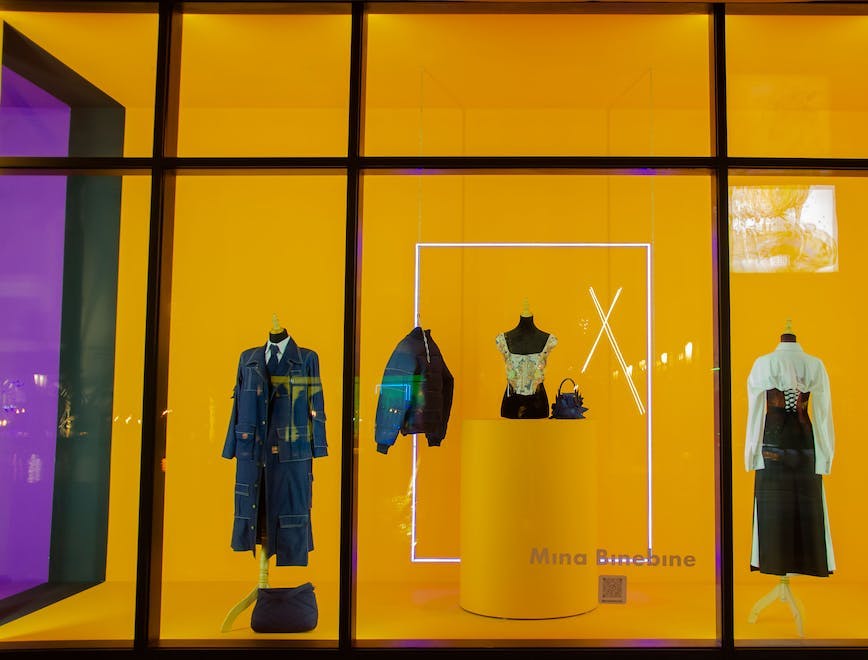 boutique shop window display clothing coat bag handbag architecture building person
