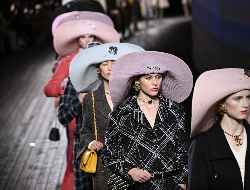 paris hat adult female person woman lady sun hat necklace handbag suit